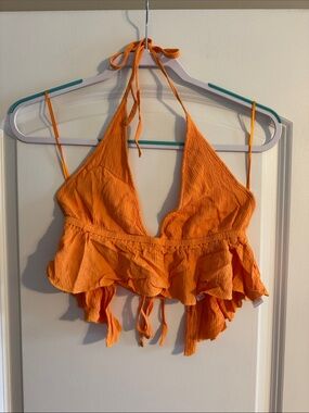 Garage Orange Ruffle Halter Crop Top